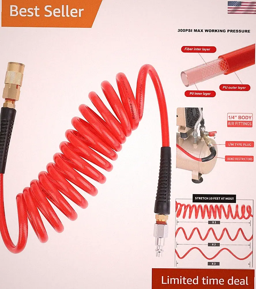 1/4-Inch x 10ft Polyurethane Recoil Air Hose with Fittings Compressor Hose wi...