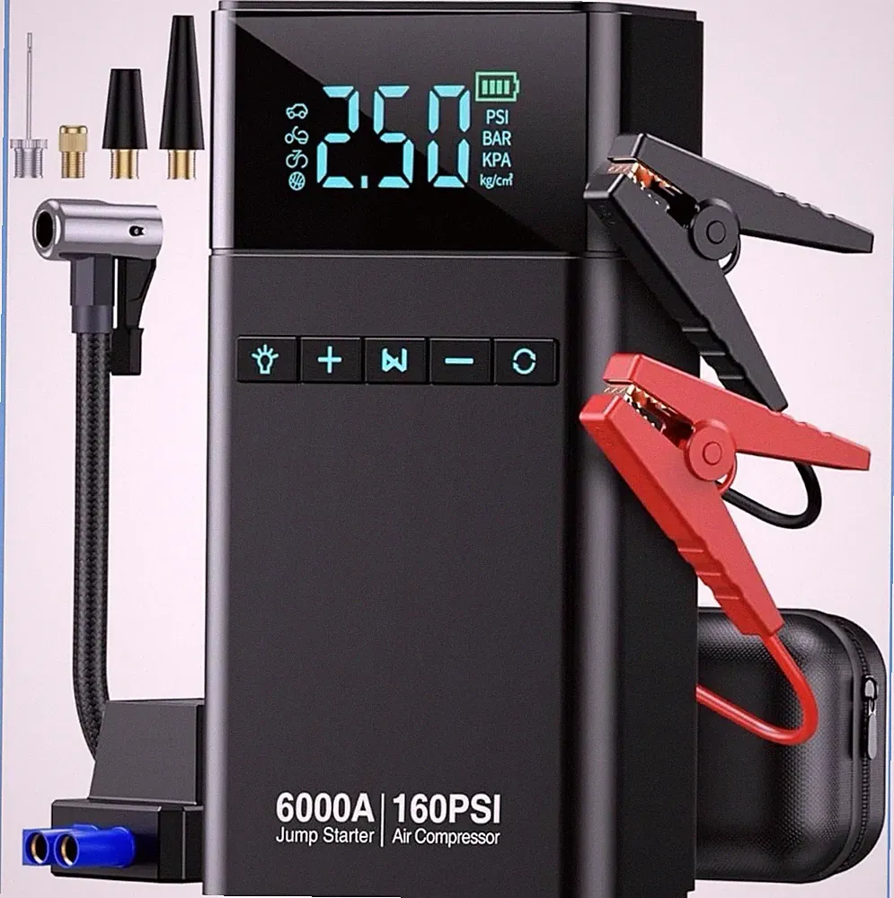 10-in-1 Portable Car Battery Jump Starter with Air Compressor, 6000A 160PSI Por