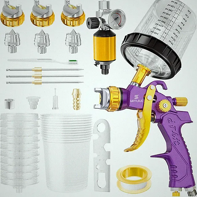HVLP Air Spray Gun 1,4 1,7 2mm Nozzles Regulator 600cc Mixing Cup Purple