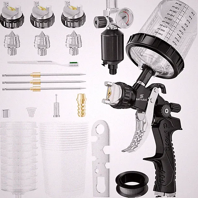 HVLP Air Spray Gun with 1.4/1.7/2mm 1.4/1.7/2- 600cc*10-Regulator, Black