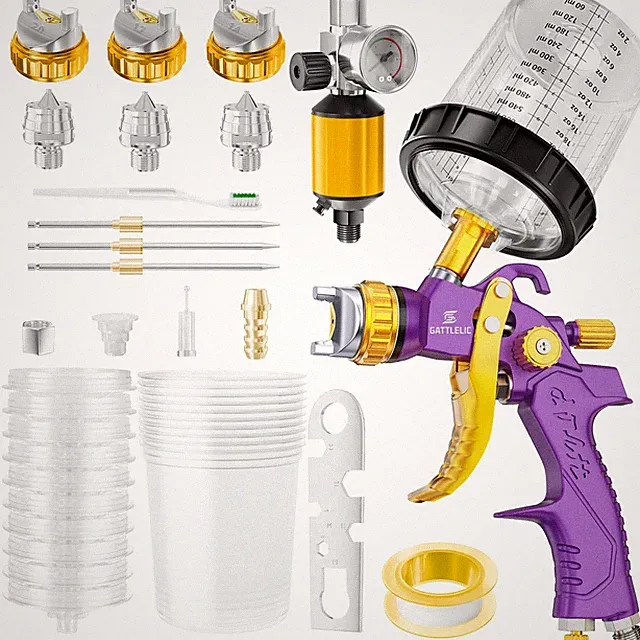 HVLP Spray Gun 1.4/1.7/2mm Nozzles, Regulator, 600cc Cups, Auto/Furniture Paint