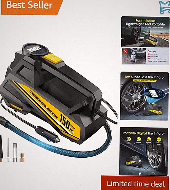 Portable Air Compressor Tire Inflator 150 PSI LCD LED Emergency Light Car Mot...